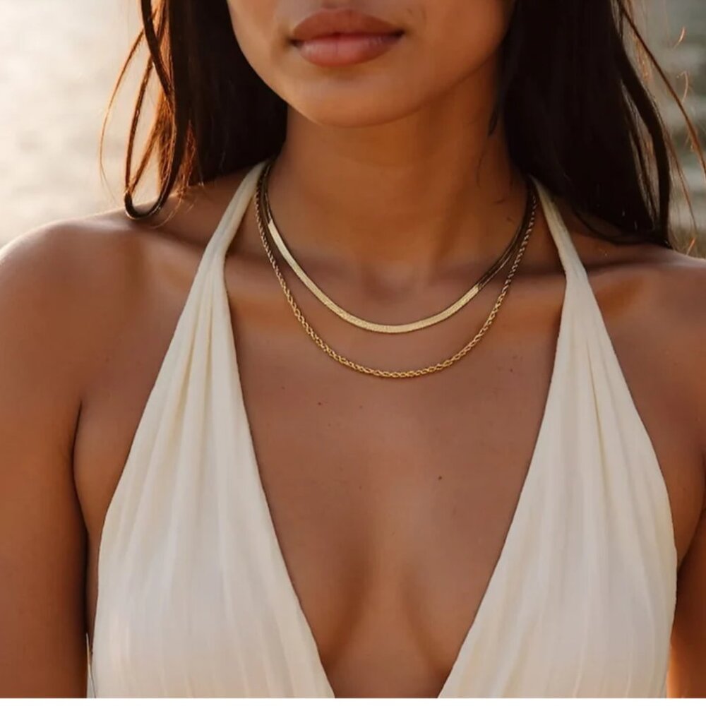 Necklace Layered Gold Herringbone & Gold Rope Chain Necklace WATERPROOF Necklace - Picture 8 of 13